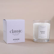 Classic soy wax candle Morning Blush by Amaraa Fragrances in glass jar with box